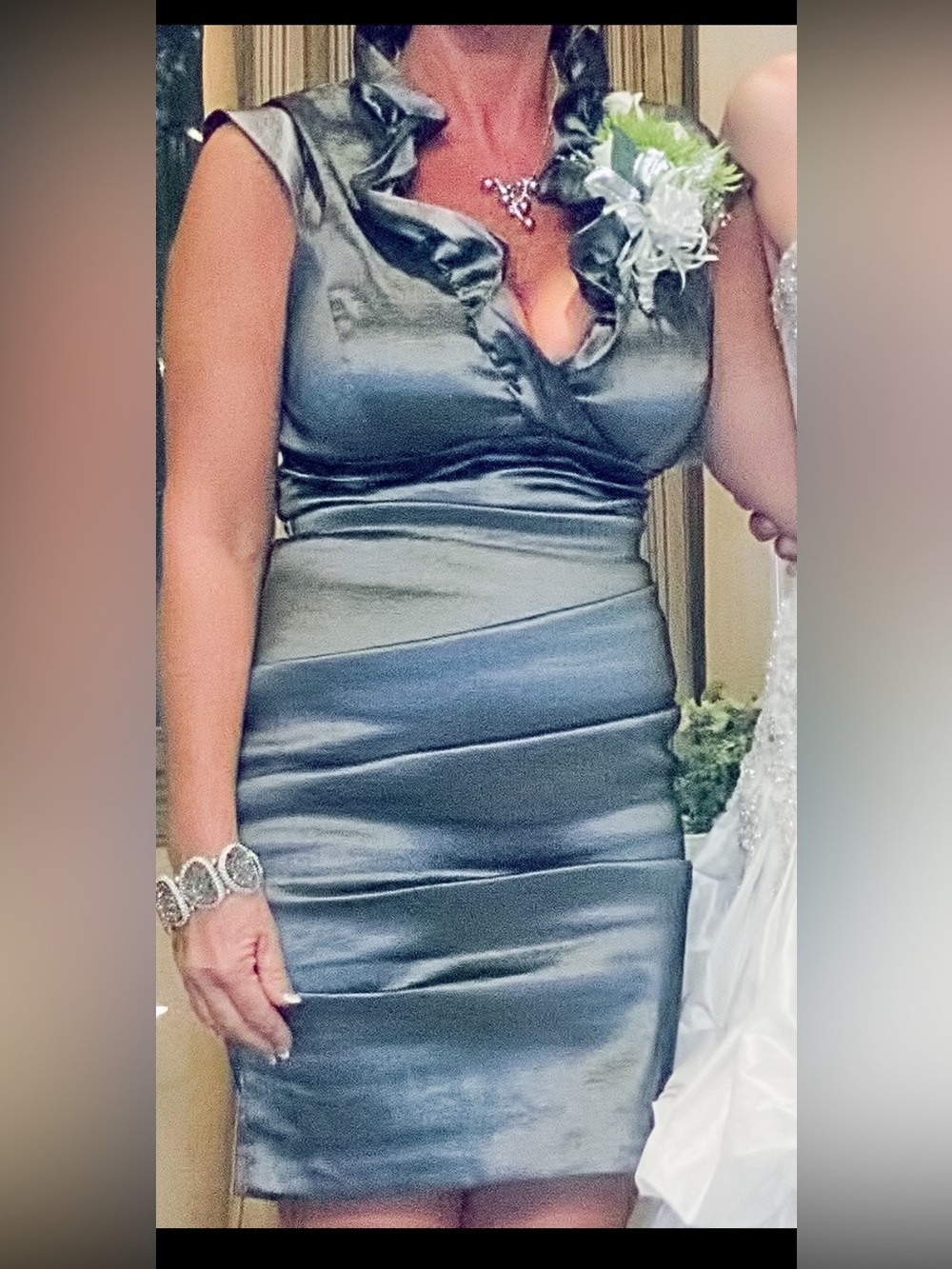 Xscape Metallic Charcoal Ruffle Sheath Midi Dress